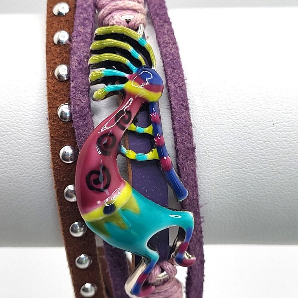 Leather Kokopelli Fertility Bracelet Enamel Draw Cord Adjustable
